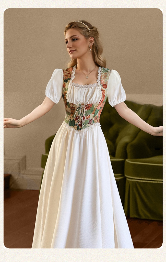 Elegant Cottage Style Princess Dresses Woman Vintage Chic Painting Corset Dress